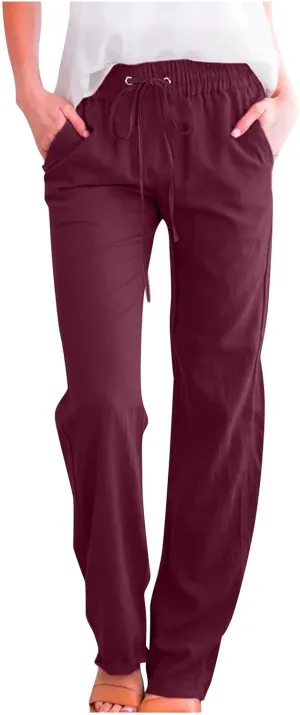 Linen Pants Women Straight Leg Lounge Pants Elastic Waist Drawstring Pants Lightweight Trousers Summer Loose Pants