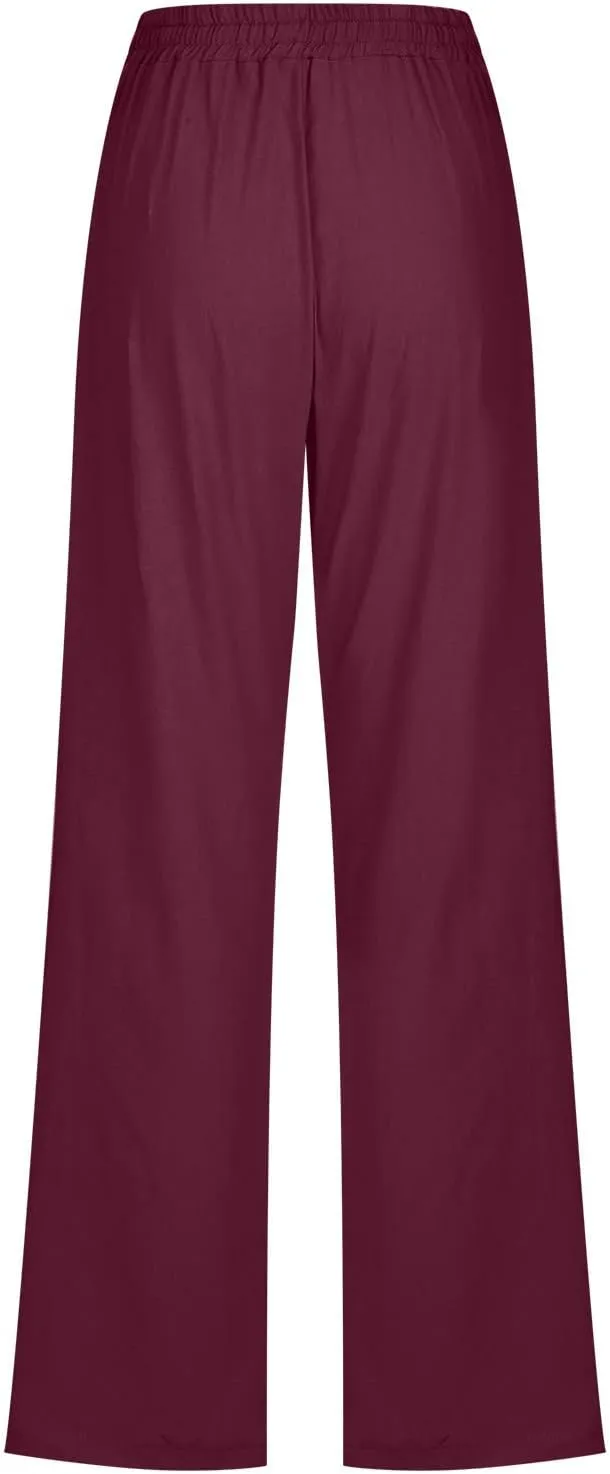 Linen Pants Women Straight Leg Lounge Pants Elastic Waist Drawstring Pants Lightweight Trousers Summer Loose Pants