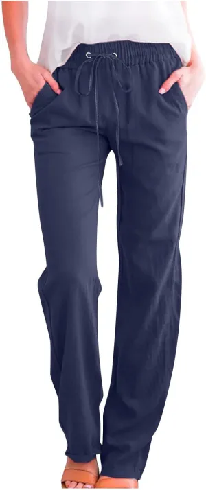 Linen Pants Women Straight Leg Lounge Pants Elastic Waist Drawstring Pants Lightweight Trousers Summer Loose Pants