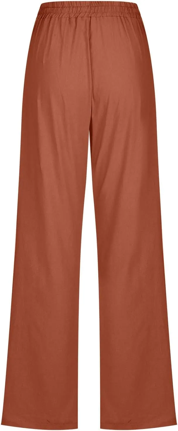 Linen Pants Women Straight Leg Lounge Pants Elastic Waist Drawstring Pants Lightweight Trousers Summer Loose Pants