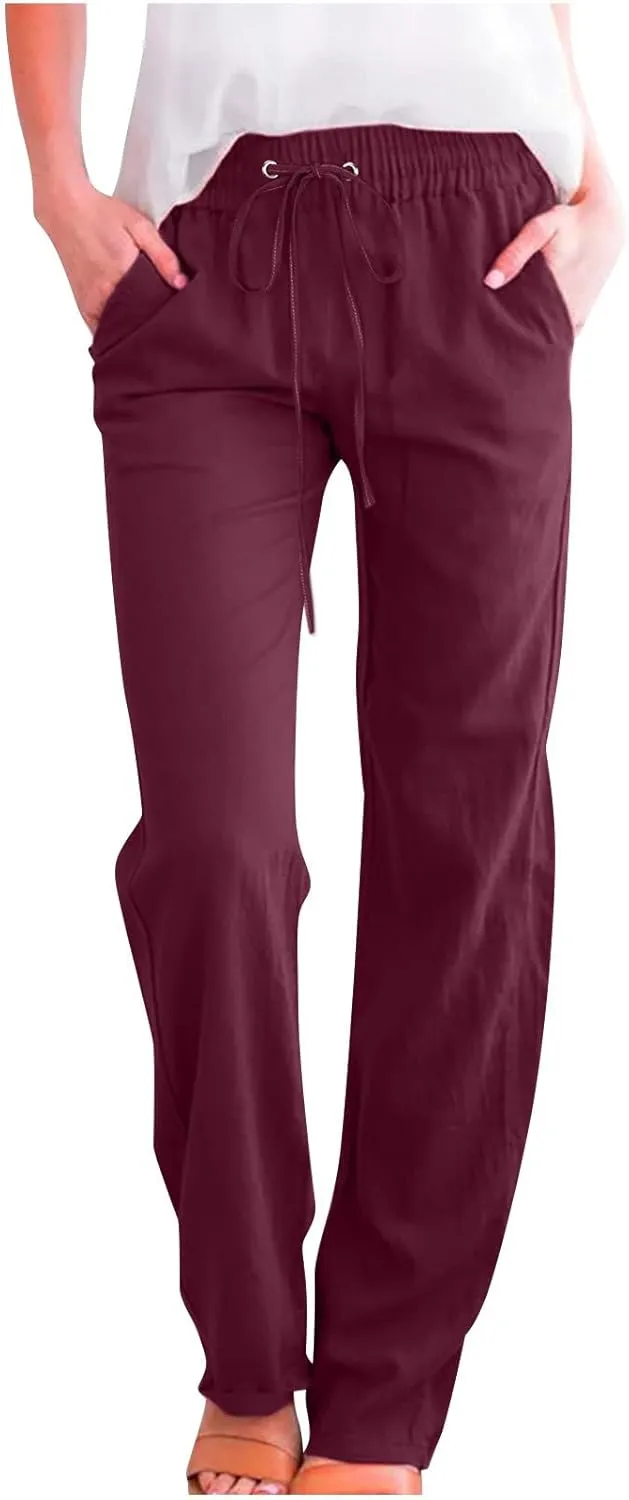 Linen Pants Women Straight Leg Lounge Pants Elastic Waist Drawstring Pants Lightweight Trousers Summer Loose Pants