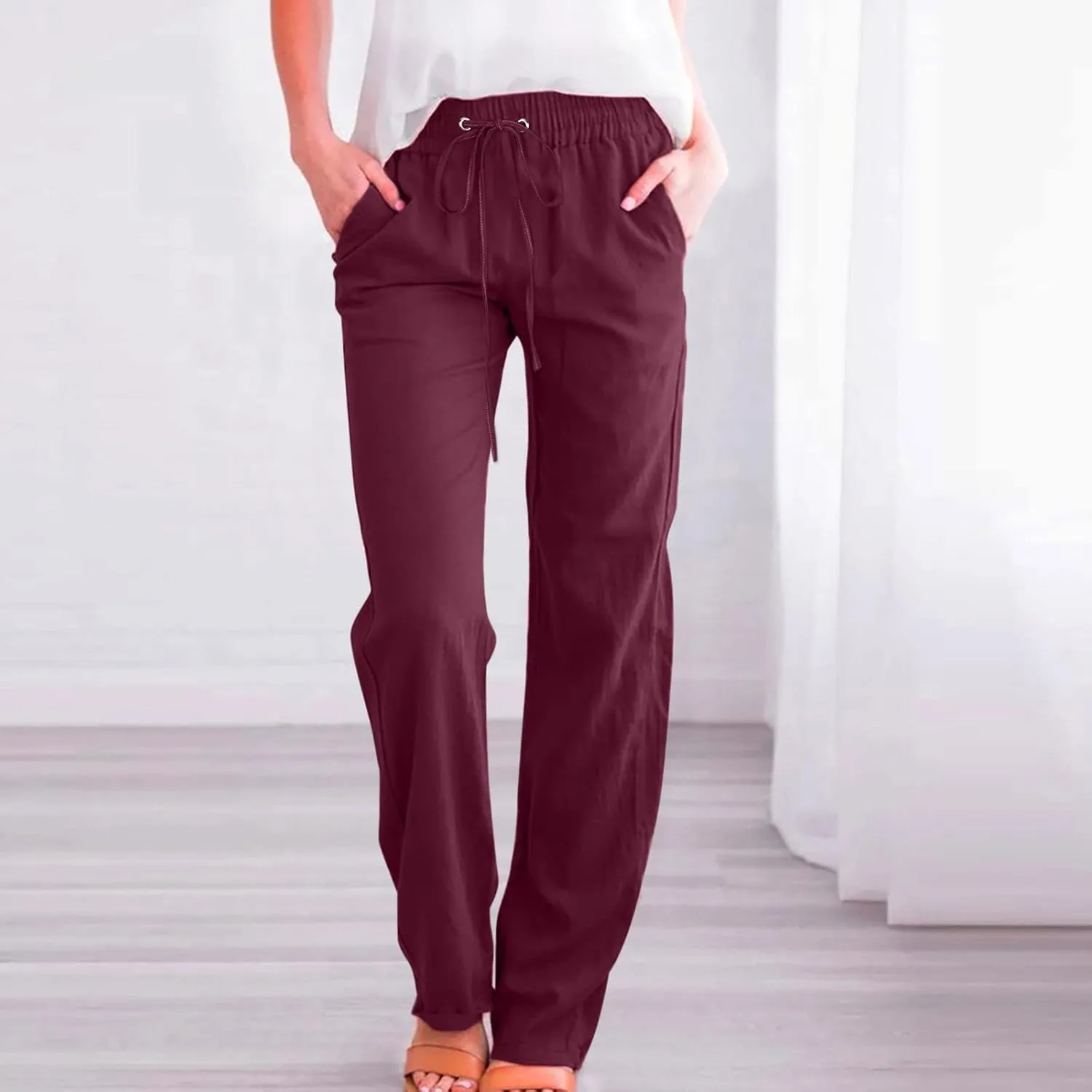 Linen Pants Women Straight Leg Lounge Pants Elastic Waist Drawstring Pants Lightweight Trousers Summer Loose Pants