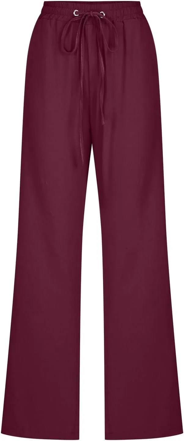 Linen Pants Women Straight Leg Lounge Pants Elastic Waist Drawstring Pants Lightweight Trousers Summer Loose Pants