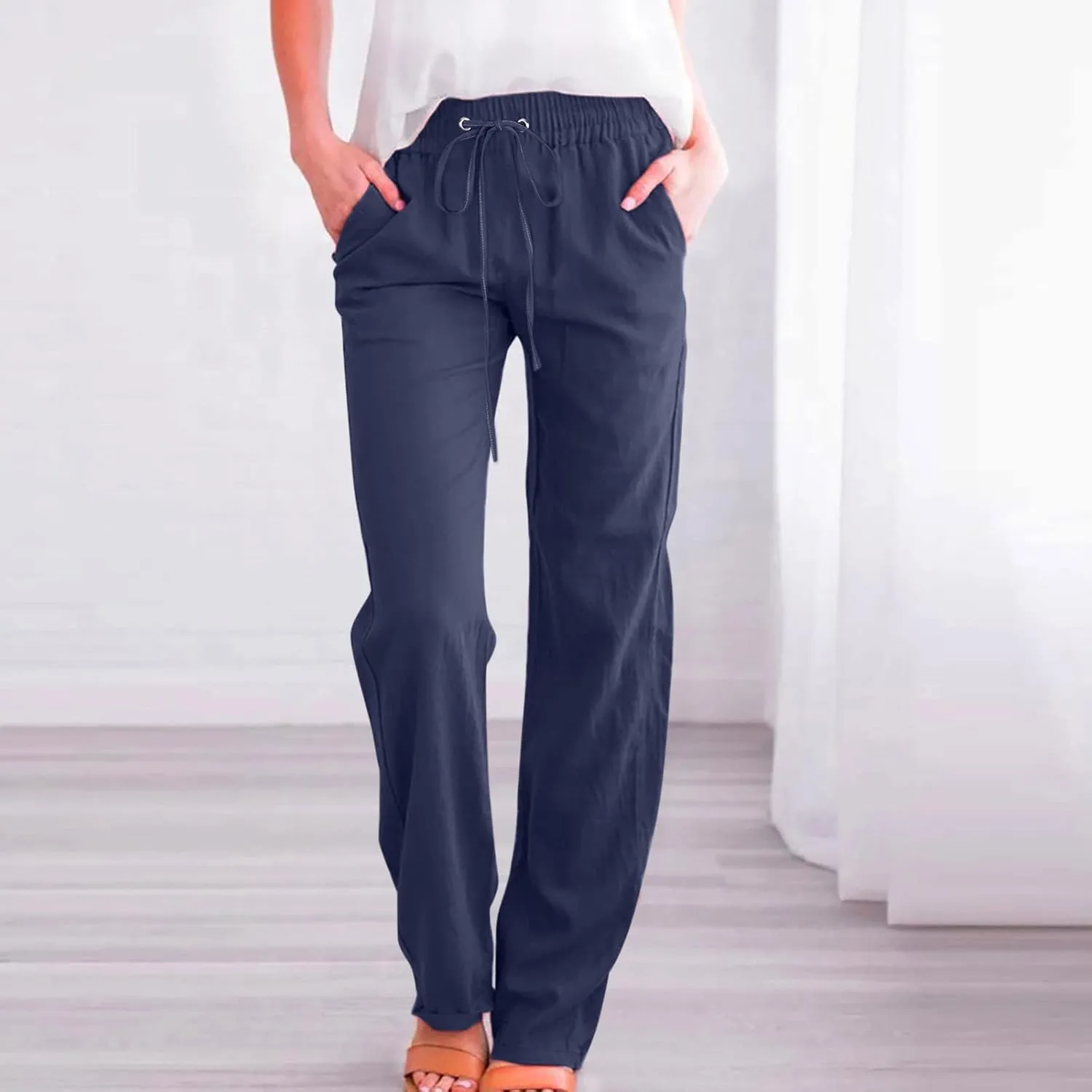 Linen Pants Women Straight Leg Lounge Pants Elastic Waist Drawstring Pants Lightweight Trousers Summer Loose Pants