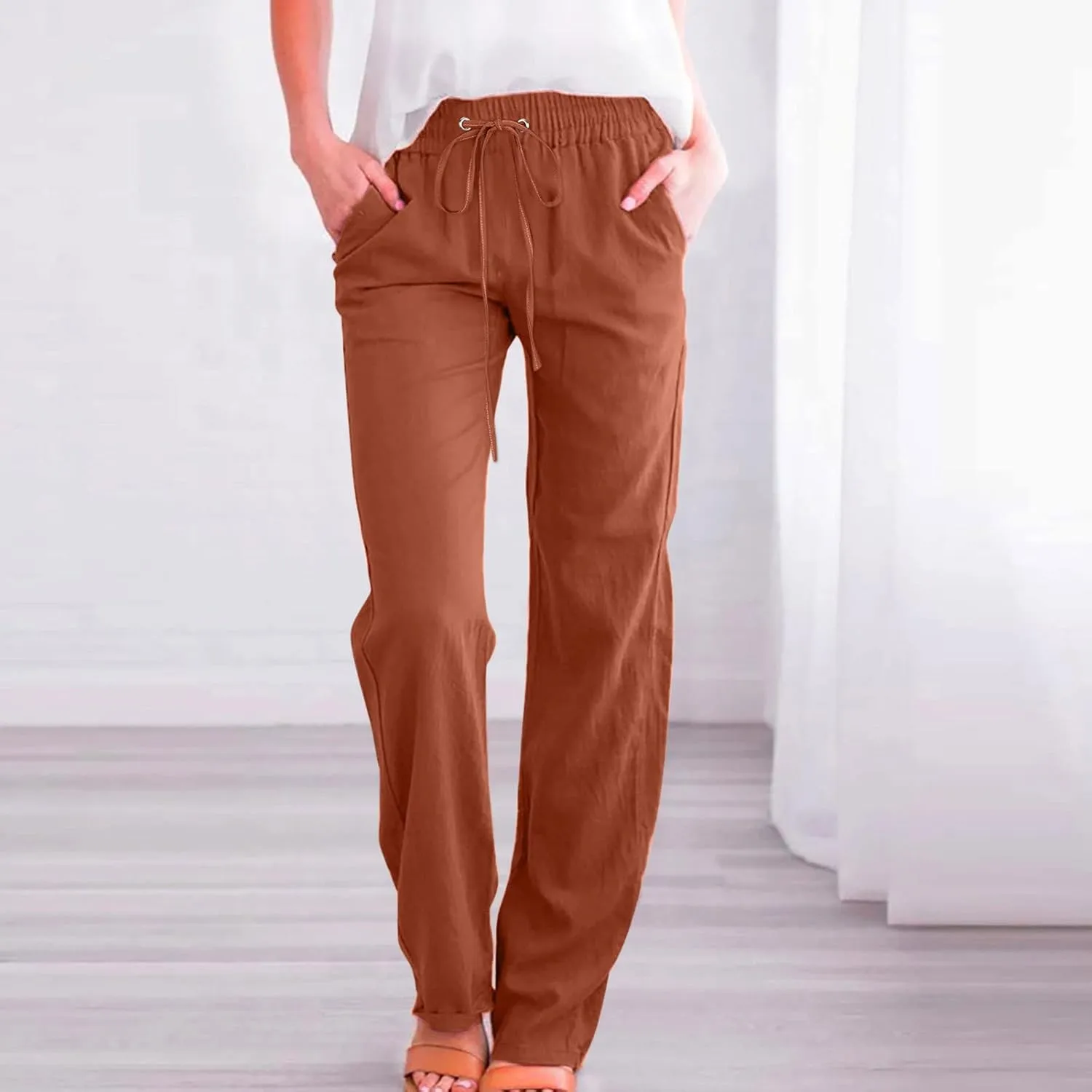 Linen Pants Women Straight Leg Lounge Pants Elastic Waist Drawstring Pants Lightweight Trousers Summer Loose Pants