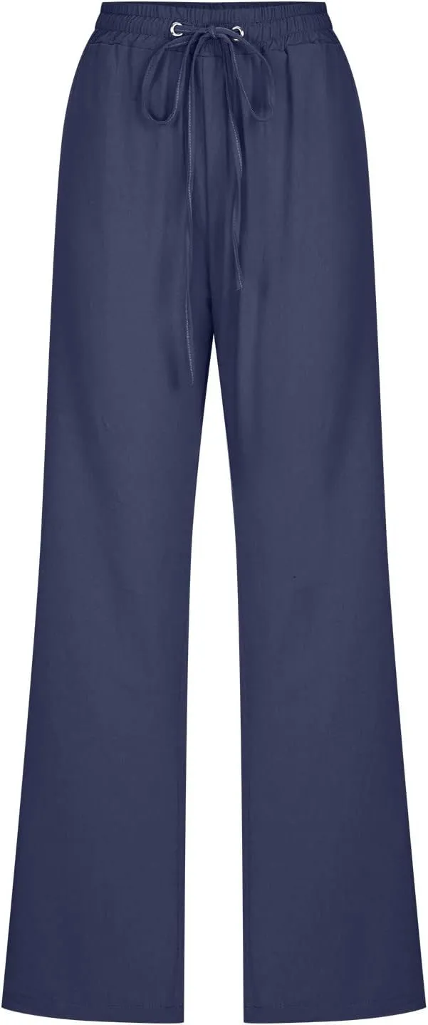 Linen Pants Women Straight Leg Lounge Pants Elastic Waist Drawstring Pants Lightweight Trousers Summer Loose Pants