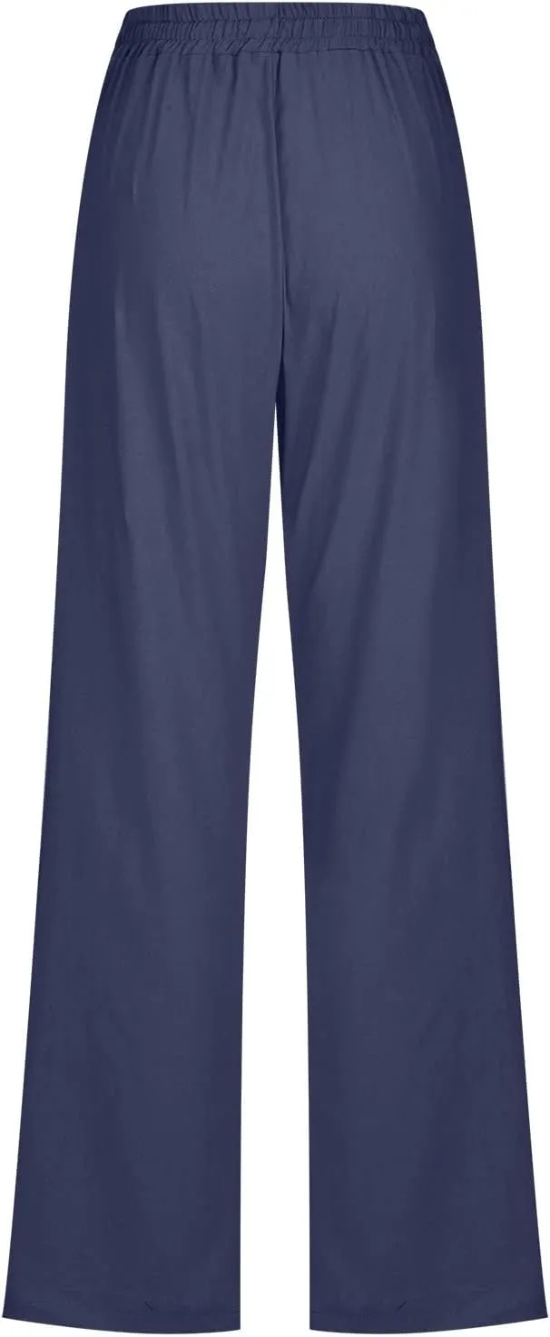 Linen Pants Women Straight Leg Lounge Pants Elastic Waist Drawstring Pants Lightweight Trousers Summer Loose Pants