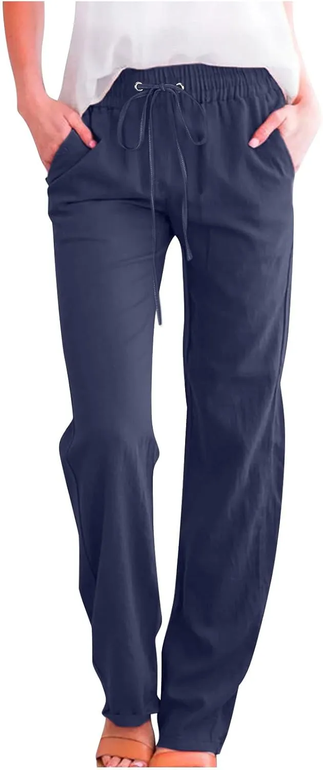 Linen Pants Women Straight Leg Lounge Pants Elastic Waist Drawstring Pants Lightweight Trousers Summer Loose Pants