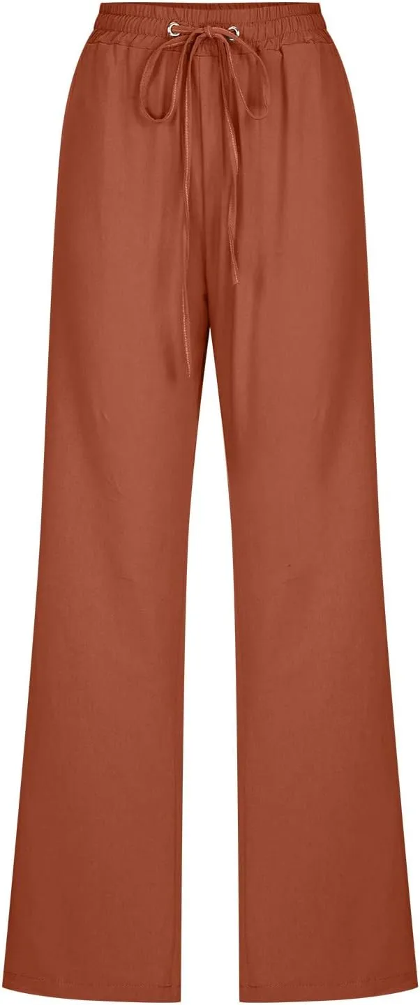 Linen Pants Women Straight Leg Lounge Pants Elastic Waist Drawstring Pants Lightweight Trousers Summer Loose Pants