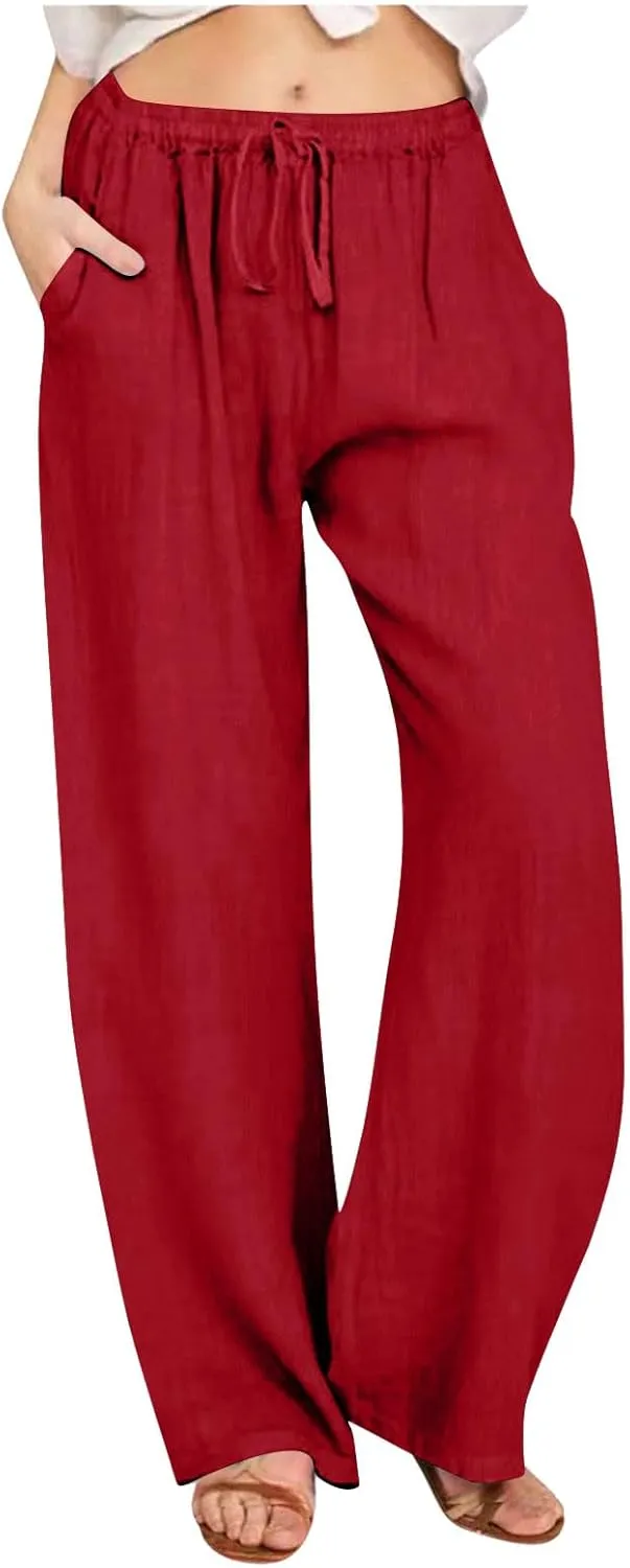 Linen Pants Women Summer Wide Leg Pants Drawstring Elastic Waist Pants High Waisted Lounge Pants Casual Beach Trousers