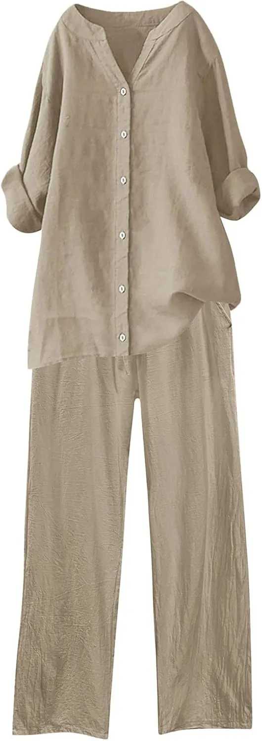 Linen Set For Women 2 Piece Summer Outfits Plus Size Short Sleeve Graphic Tees Capri Pants Lounge Matching Sets