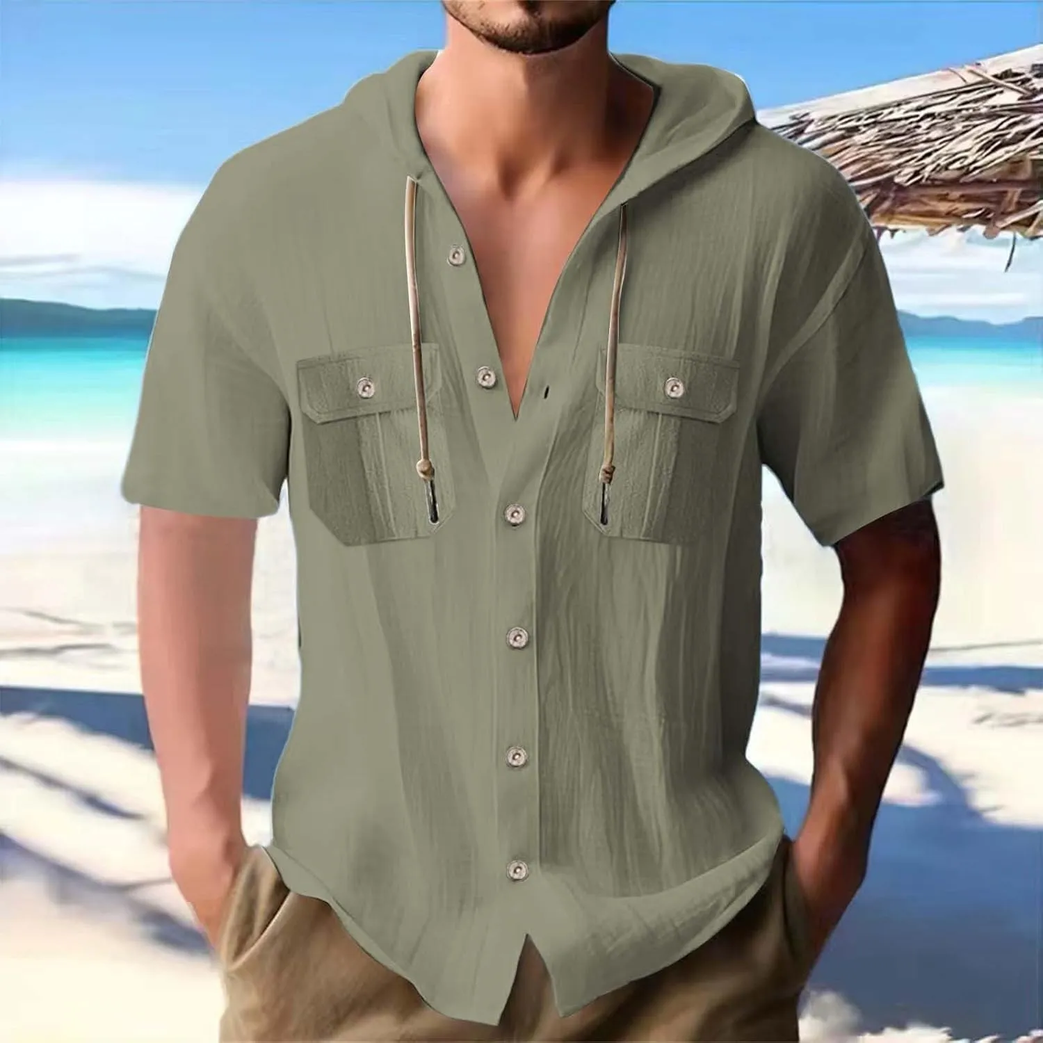 Linen Shirts for Men Solid Color Guayabera Shirts with Hooded Casual Short Sleeve Sweatshirt Button Down Beach Tops