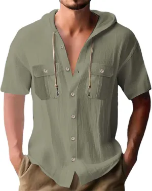 Linen Shirts for Men Solid Color Guayabera Shirts with Hooded Casual Short Sleeve Sweatshirt Button Down Beach Tops