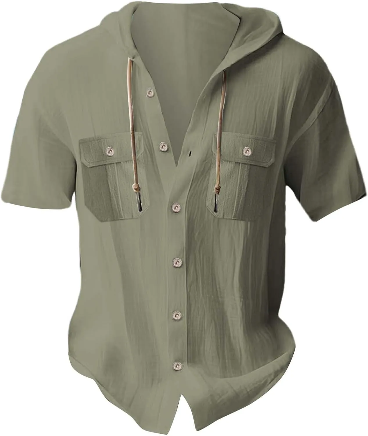 Linen Shirts for Men Solid Color Guayabera Shirts with Hooded Casual Short Sleeve Sweatshirt Button Down Beach Tops