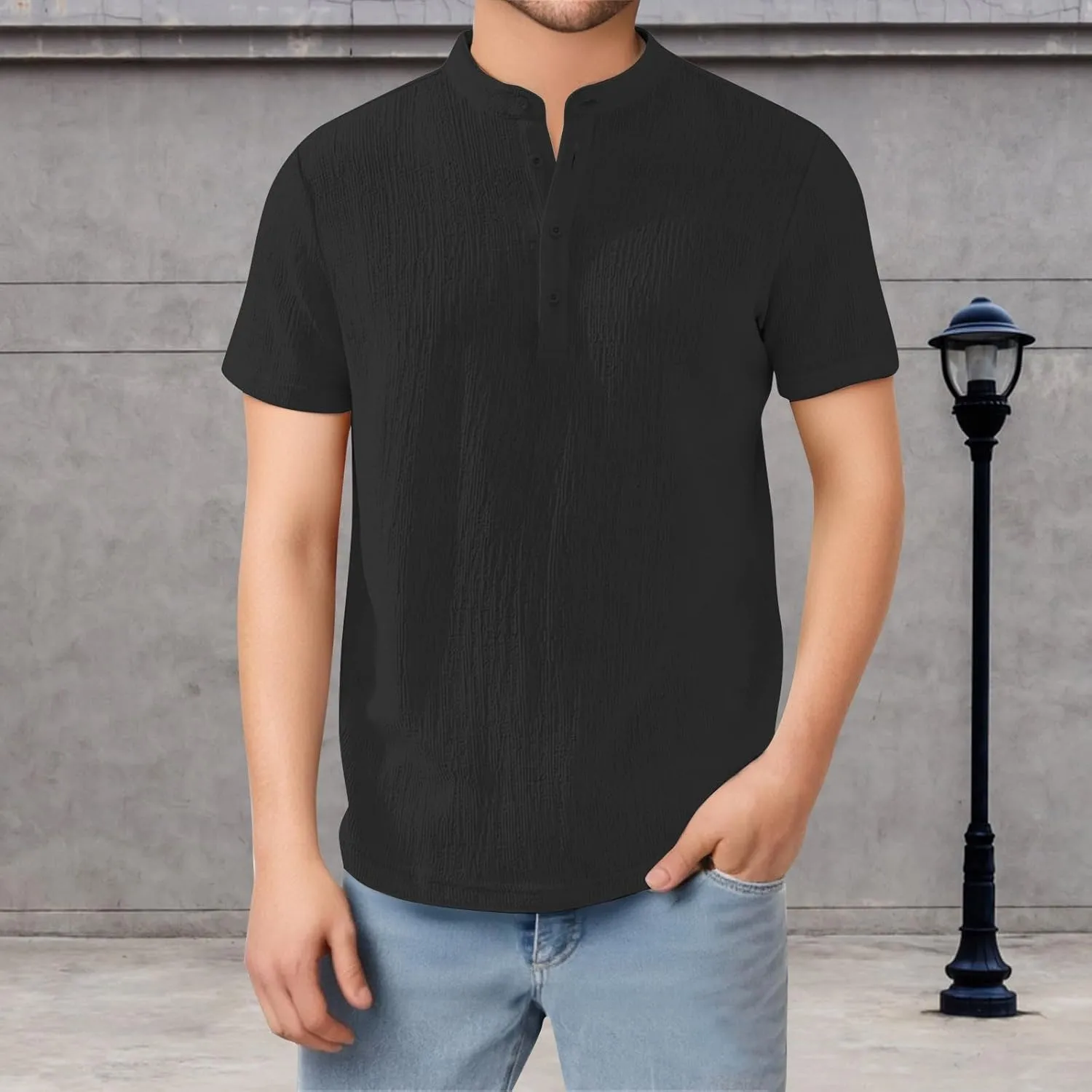 Linen Shirts for Men Vintage Summer V Neck Short Sleeve Henley Shirt Breathable Button Up Band Collar Beach Tee Tops