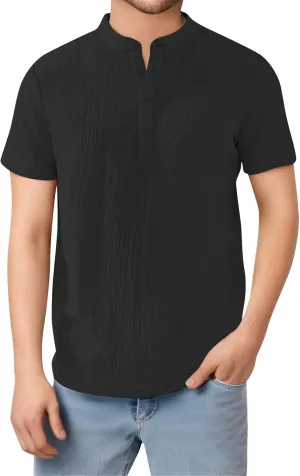 Linen Shirts for Men Vintage Summer V Neck Short Sleeve Henley Shirt Breathable Button Up Band Collar Beach Tee Tops