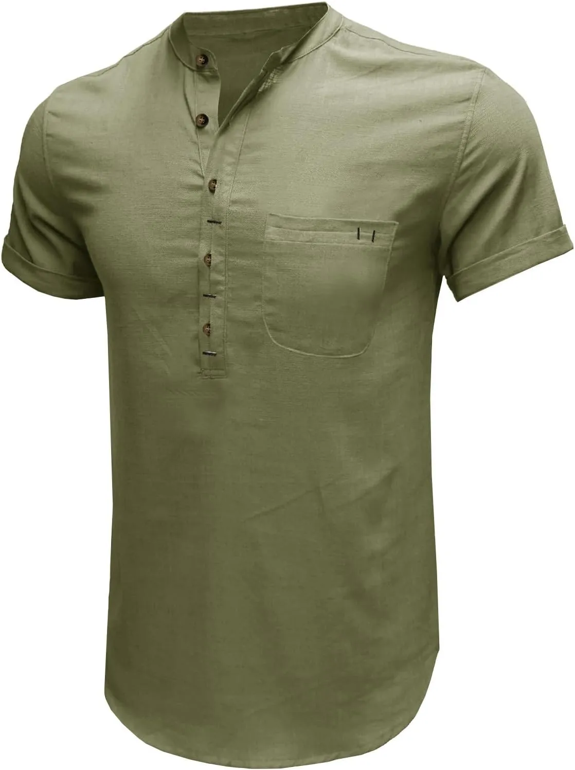 Linen Short Sleeve Shirts for Men Button Solid Color Henley Tees Shirt Trendy Slim Outdoor Gym Pullover with Pockets