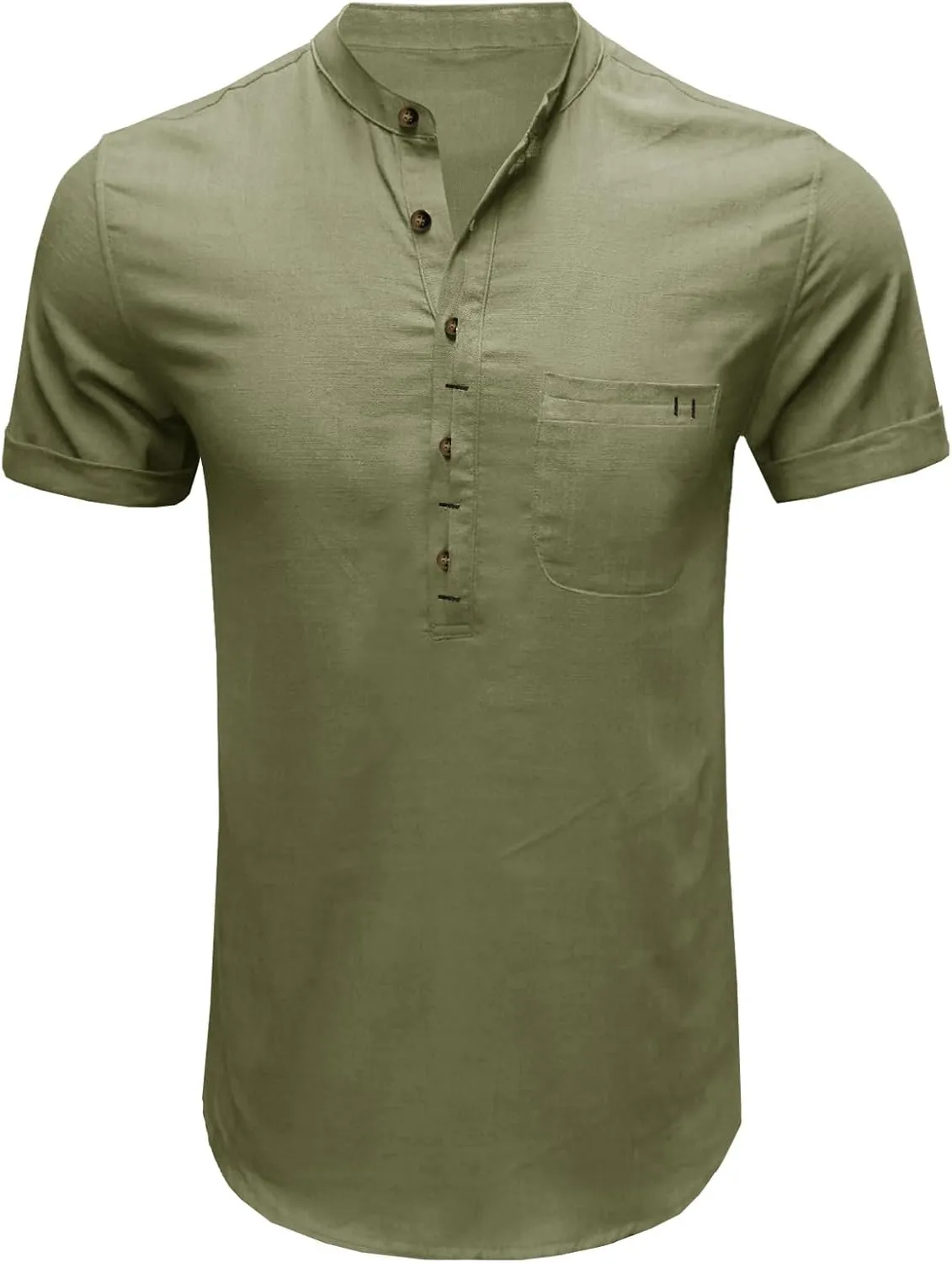 Linen Short Sleeve Shirts for Men Button Solid Color Henley Tees Shirt Trendy Slim Outdoor Gym Pullover with Pockets