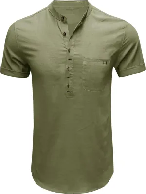 Linen Short Sleeve Shirts for Men Button Solid Color Henley Tees Shirt Trendy Slim Outdoor Gym Pullover with Pockets