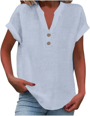 Linen Tops for Women Oversized Crew Neck Summer Short Sleeve Linen Tee Shirts Solid Casual Comfy Blouses Top