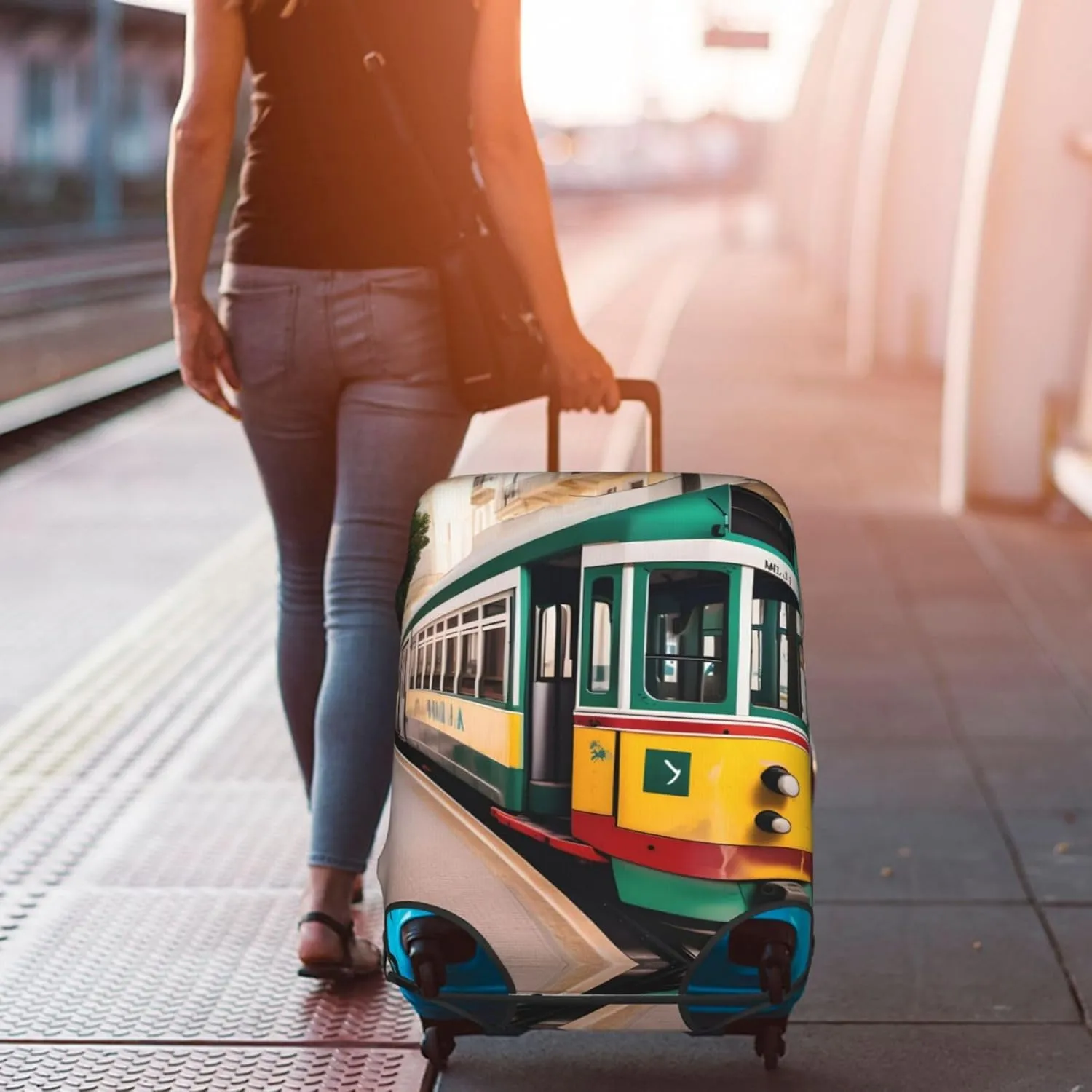 lisbon tram pattern Print Practical Elastic Washable Travel Luggage Cover with Concealed Zipper for Suitcases