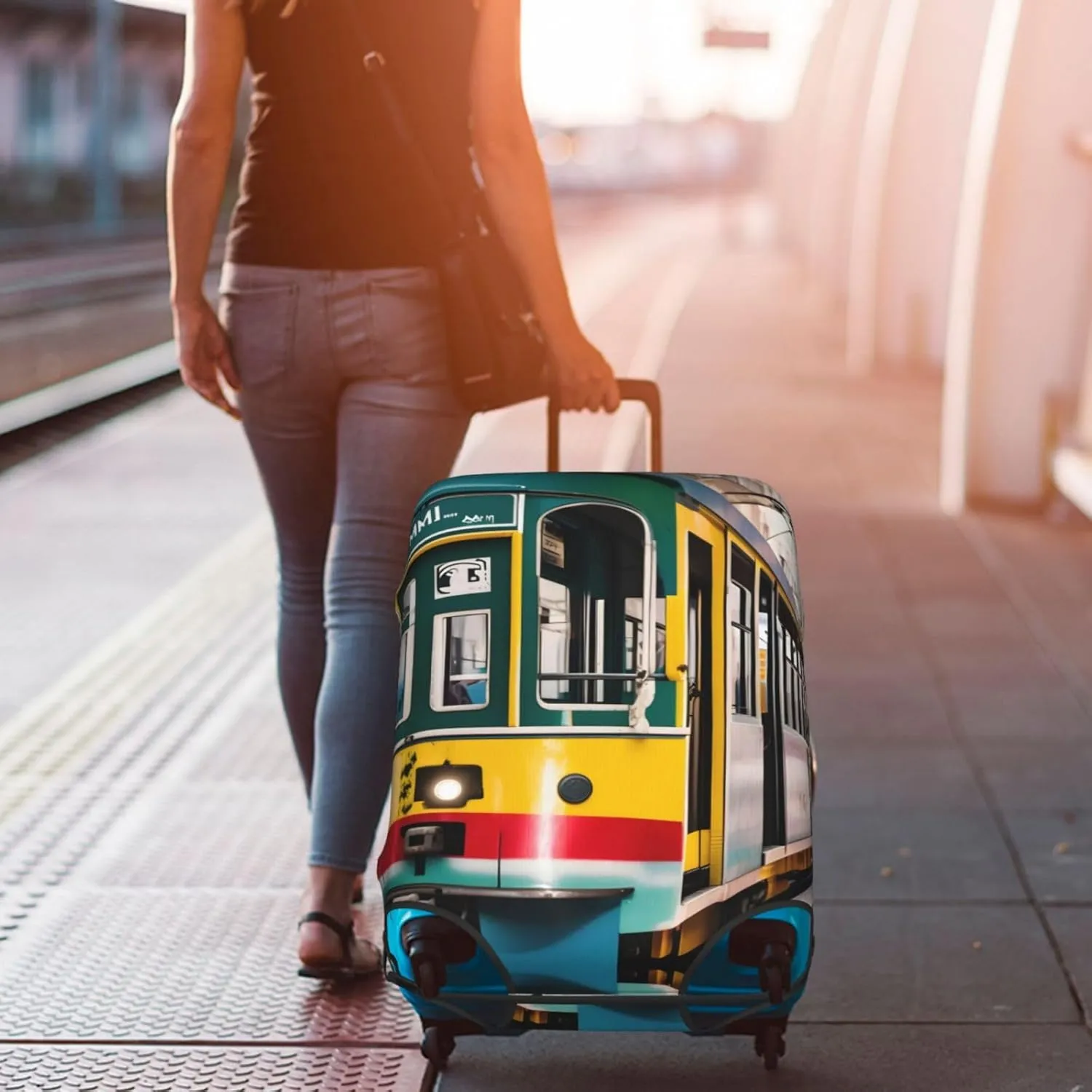 lisbon tram Print Practical Elastic Washable Travel Luggage Cover with Concealed Zipper for Suitcases