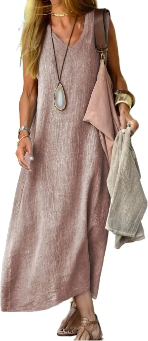 LOAIHA Womens Cotton Linen Plus Size Sun Dress with Pockets,Summer Sleeveless Maxi Dress for Women Loose Casual Tank Dress