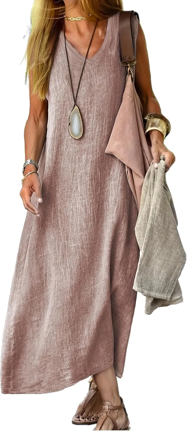 LOAIHA Womens Cotton Linen Plus Size Sun Dress with Pockets,Summer Sleeveless Maxi Dress for Women Loose Casual Tank Dress