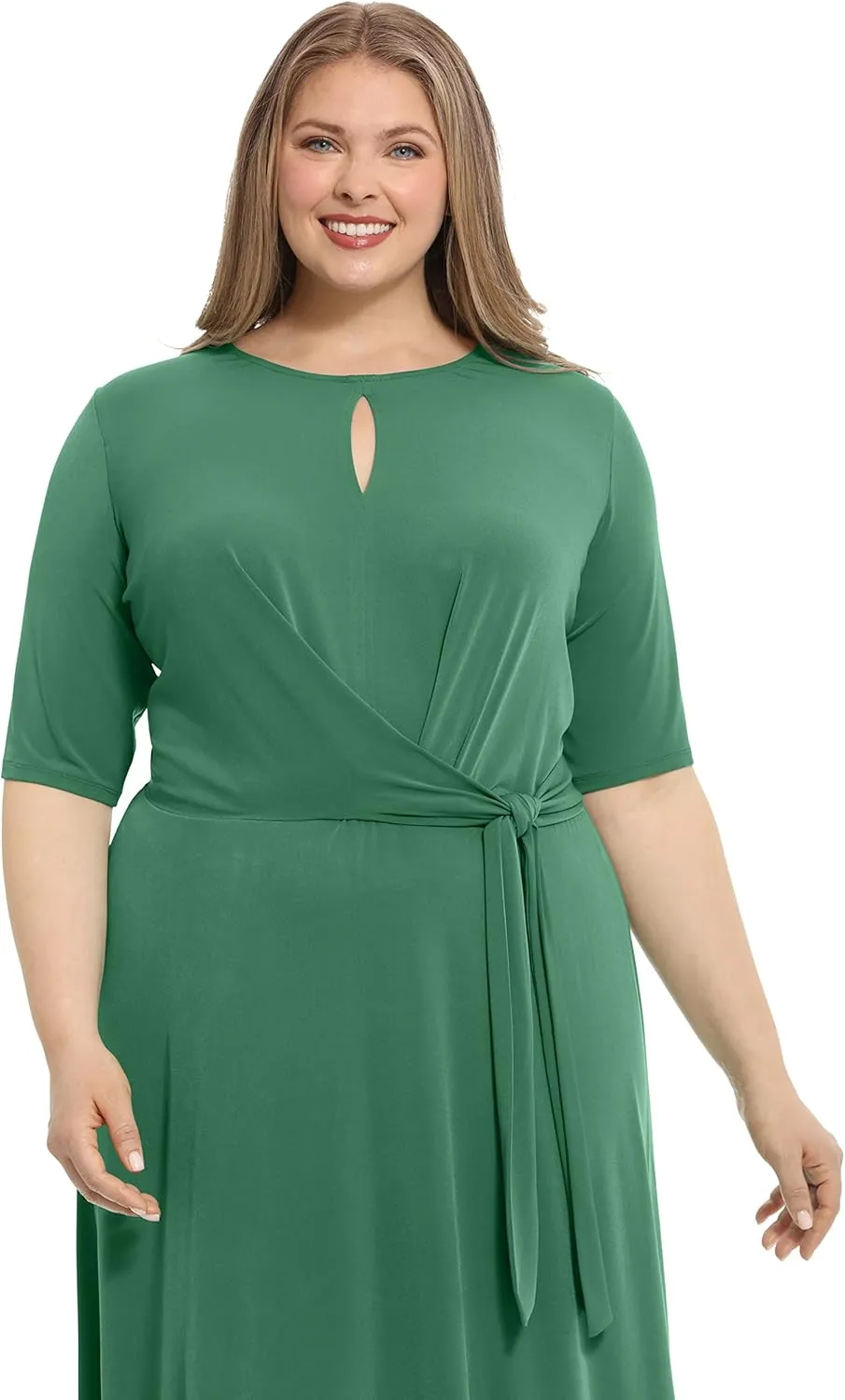 London Times Women's Side Tie Flattering Midi Length Chic Versatile Matte Jersey Dress