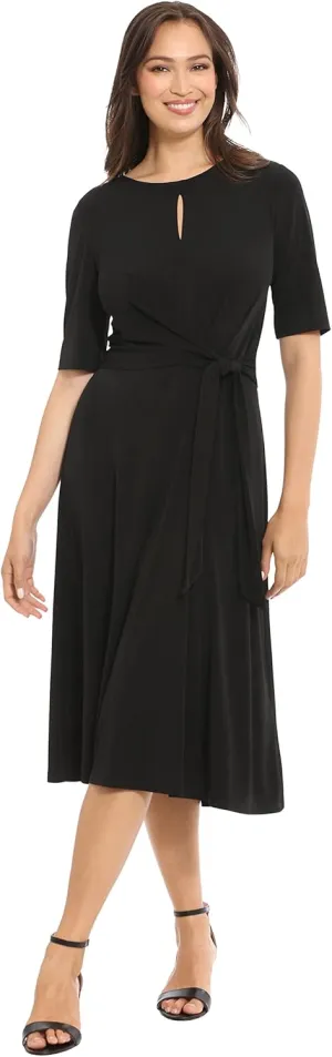 London Times Women's Side Tie Flattering Midi Length Chic Versatile Matte Jersey Dress