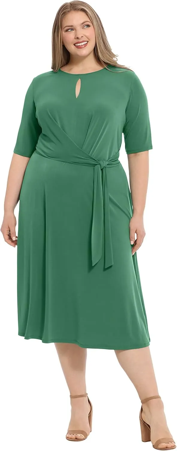 London Times Women's Side Tie Flattering Midi Length Chic Versatile Matte Jersey Dress