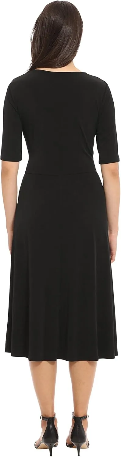 London Times Women's Side Tie Flattering Midi Length Chic Versatile Matte Jersey Dress