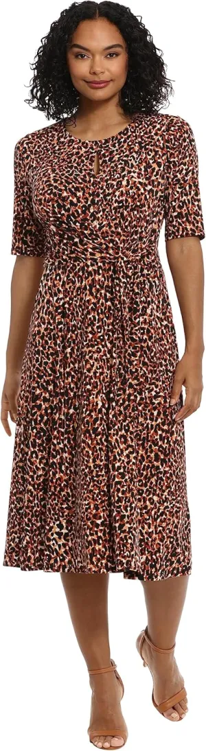 London Times Women's Side Tie Flattering Midi Length Chic Versatile Matte Jersey Dress