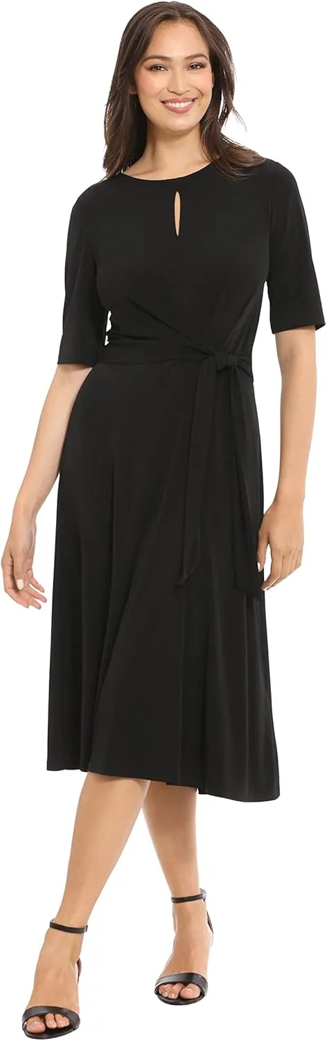 London Times Women's Side Tie Flattering Midi Length Chic Versatile Matte Jersey Dress