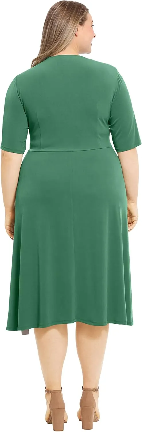 London Times Women's Side Tie Flattering Midi Length Chic Versatile Matte Jersey Dress