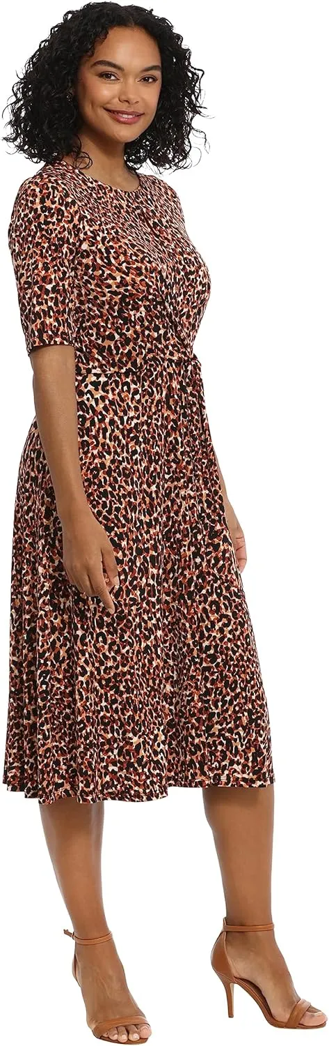 London Times Women's Side Tie Flattering Midi Length Chic Versatile Matte Jersey Dress