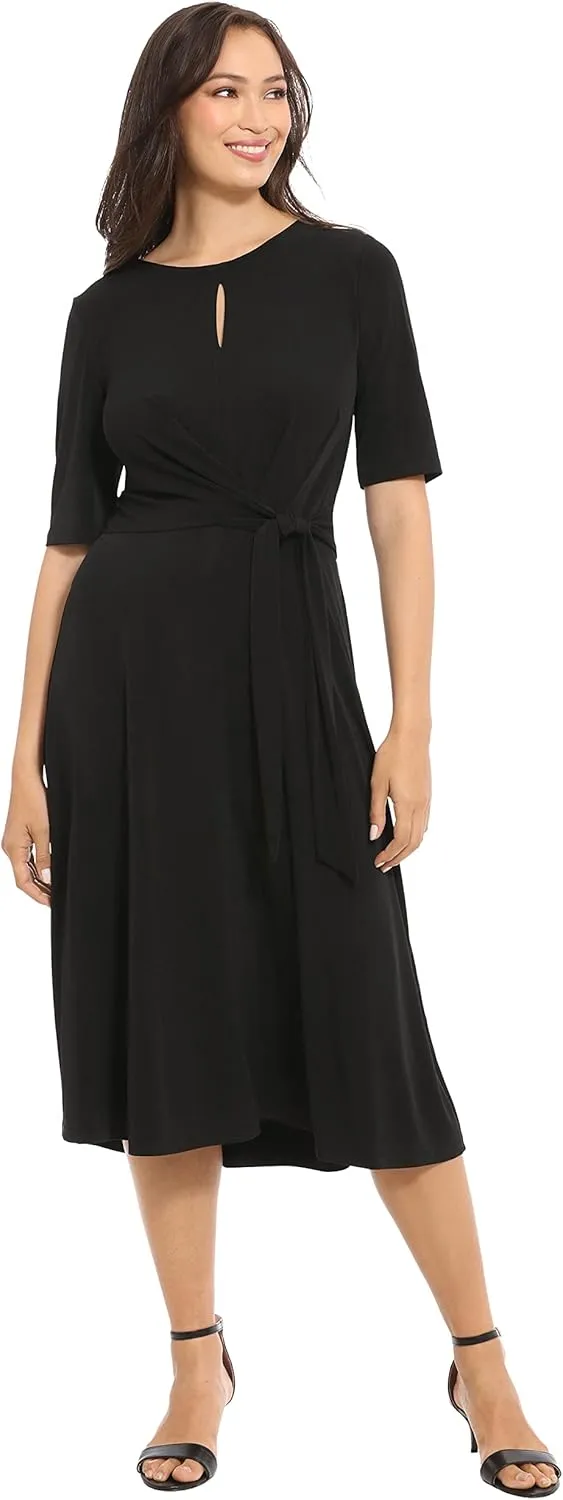 London Times Women's Side Tie Flattering Midi Length Chic Versatile Matte Jersey Dress