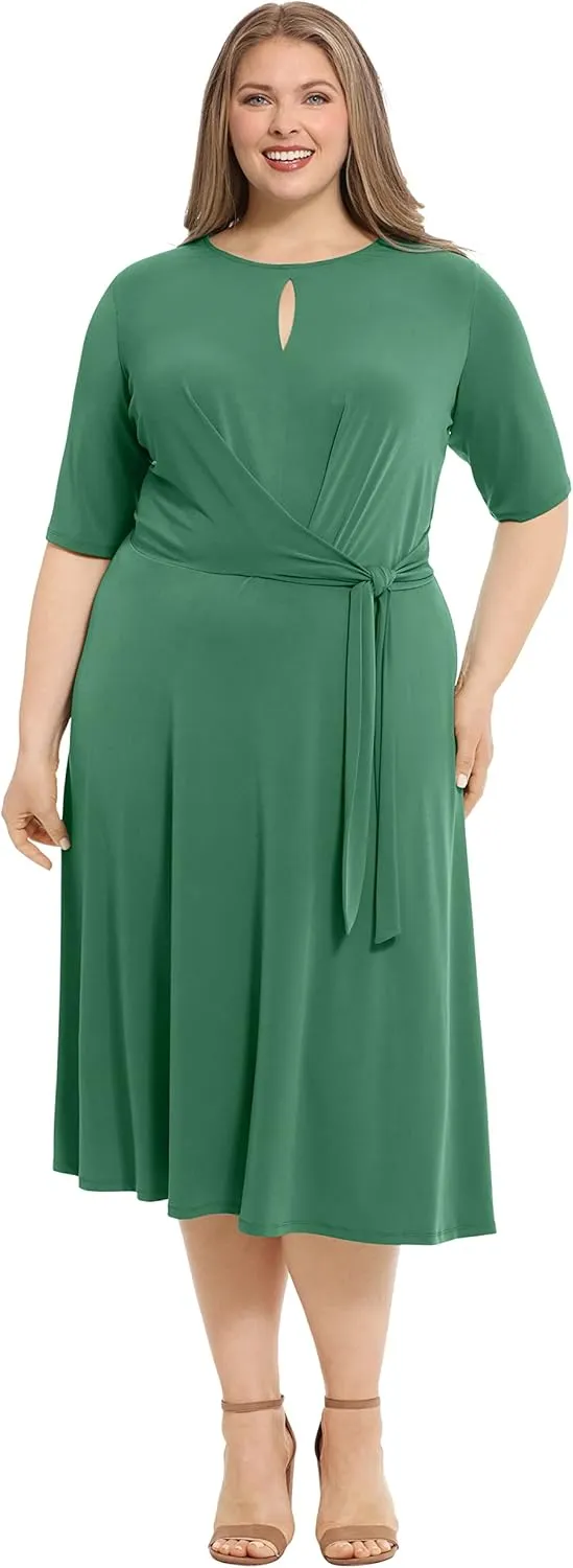 London Times Women's Side Tie Flattering Midi Length Chic Versatile Matte Jersey Dress
