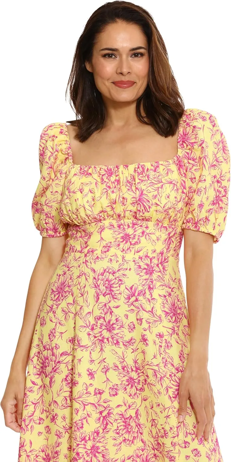 London Times Women's Square Neck Smocked Back Linen Blend Flattering Versatile Spring Summer Garden Party Dress