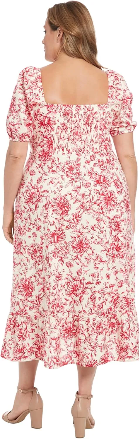 London Times Women's Square Neck Smocked Back Linen Blend Flattering Versatile Spring Summer Garden Party Dress