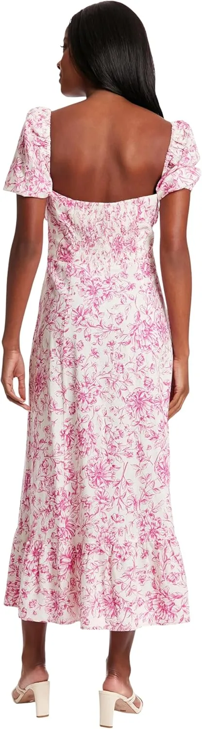 London Times Women's Square Neck Smocked Back Linen Blend Flattering Versatile Spring Summer Garden Party Dress
