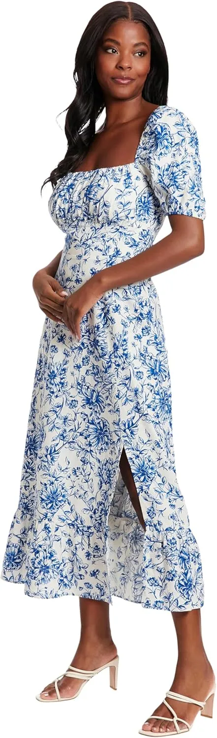London Times Women's Square Neck Smocked Back Linen Blend Flattering Versatile Spring Summer Garden Party Dress