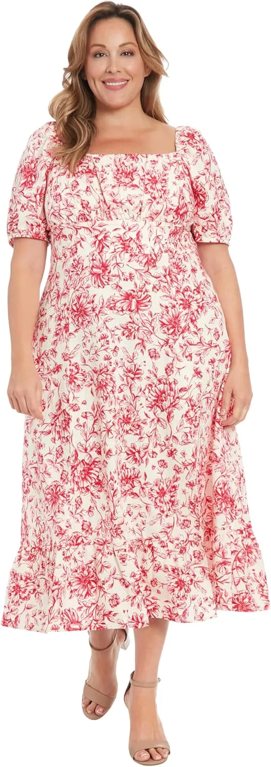 London Times Women's Square Neck Smocked Back Linen Blend Flattering Versatile Spring Summer Garden Party Dress