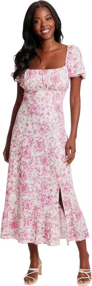 London Times Women's Square Neck Smocked Back Linen Blend Flattering Versatile Spring Summer Garden Party Dress
