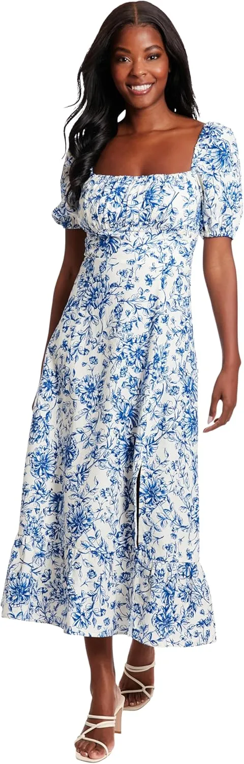 London Times Women's Square Neck Smocked Back Linen Blend Flattering Versatile Spring Summer Garden Party Dress