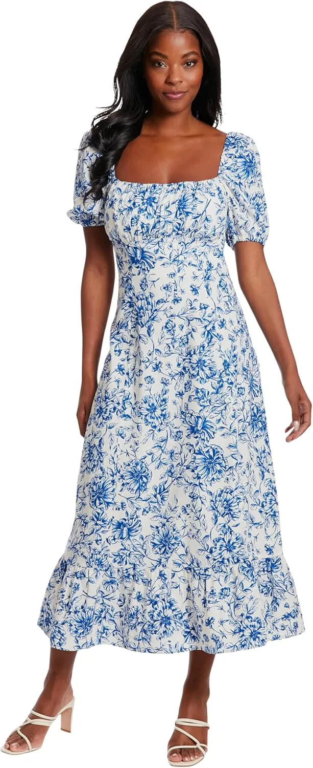 London Times Women's Square Neck Smocked Back Linen Blend Flattering Versatile Spring Summer Garden Party Dress
