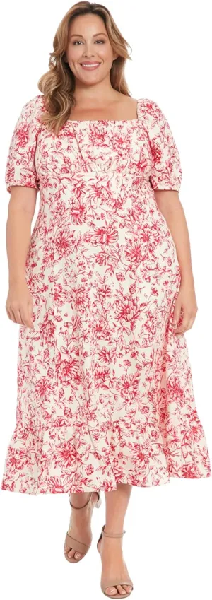 London Times Women's Square Neck Smocked Back Linen Blend Flattering Versatile Spring Summer Garden Party Dress