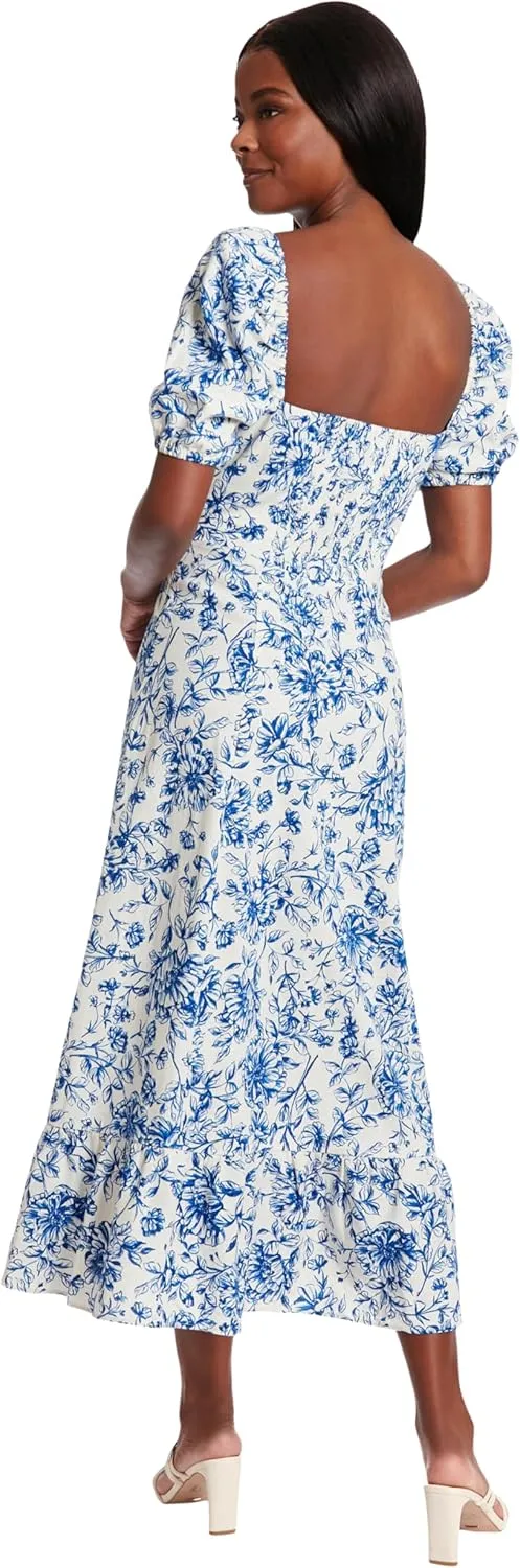 London Times Women's Square Neck Smocked Back Linen Blend Flattering Versatile Spring Summer Garden Party Dress