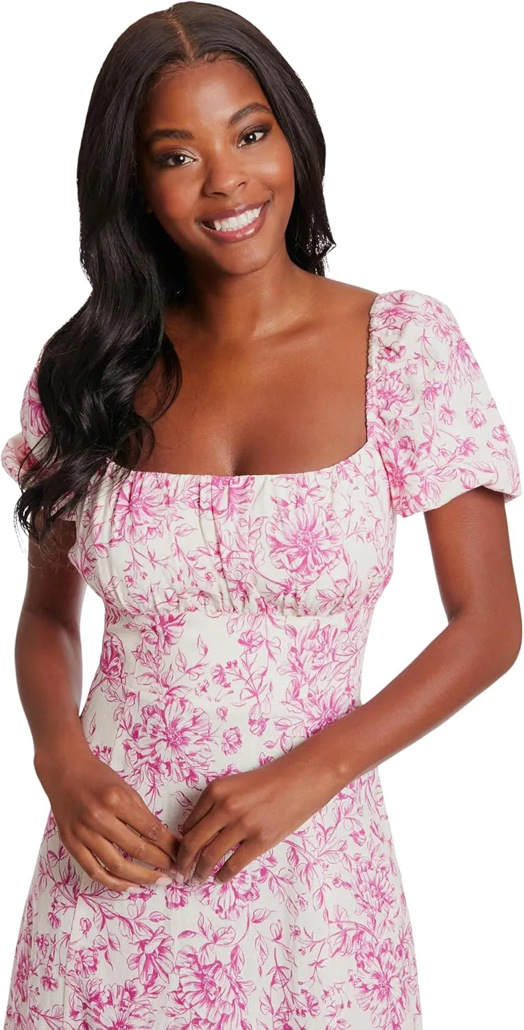 London Times Women's Square Neck Smocked Back Linen Blend Flattering Versatile Spring Summer Garden Party Dress