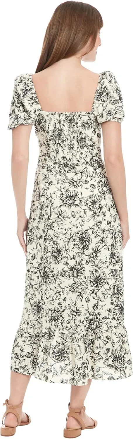 London Times Women's Square Neck Smocked Back Linen Blend Flattering Versatile Spring Summer Garden Party Dress